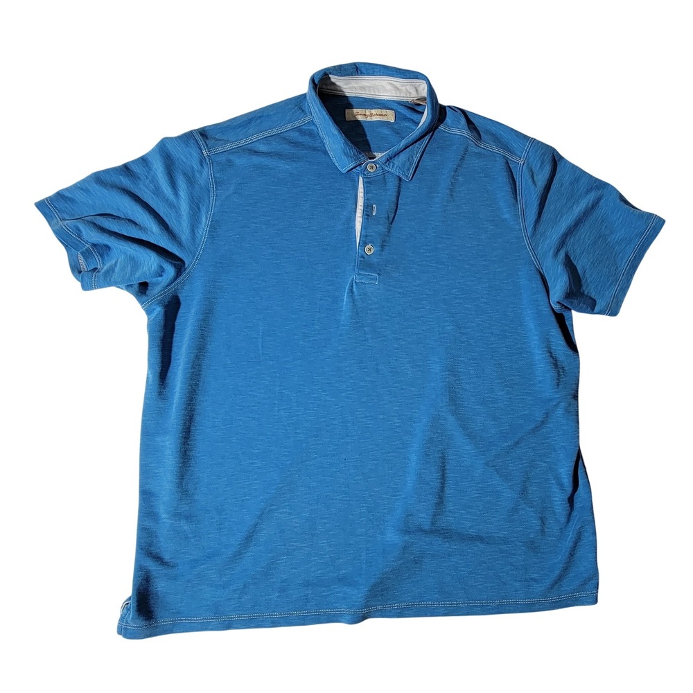 Tommy Bahama Mens 2XL Blue Slub Polo Shirt Short Sleeve Contrast Stitching